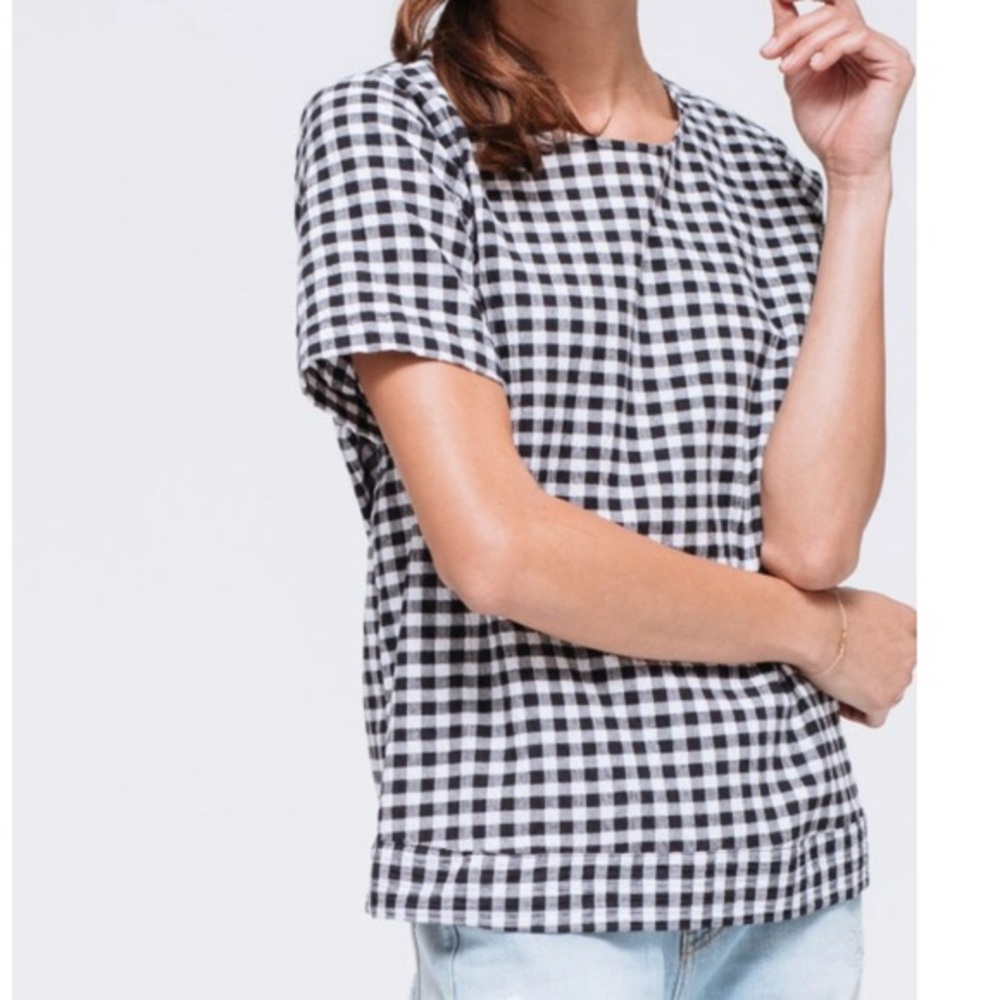 Pleione gingham boxy open back tie blouse